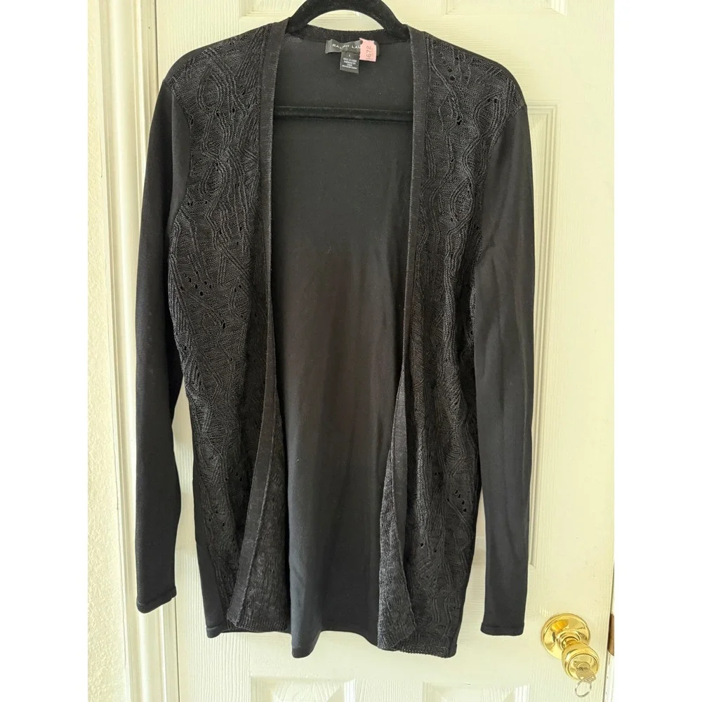 Ralph Lauren Black Silk Blend Openwork Cardigan Dark Romantic Quiet Luxury L